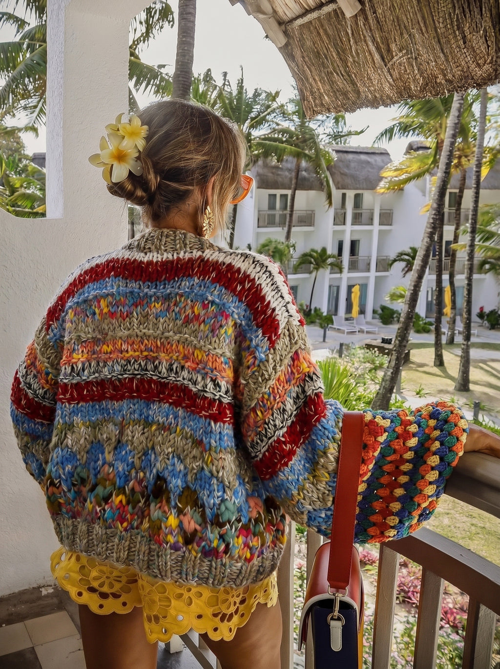 First Class — Hand-Knitted Stripe Cardigan in Ivory, Red & Multicolor Marl