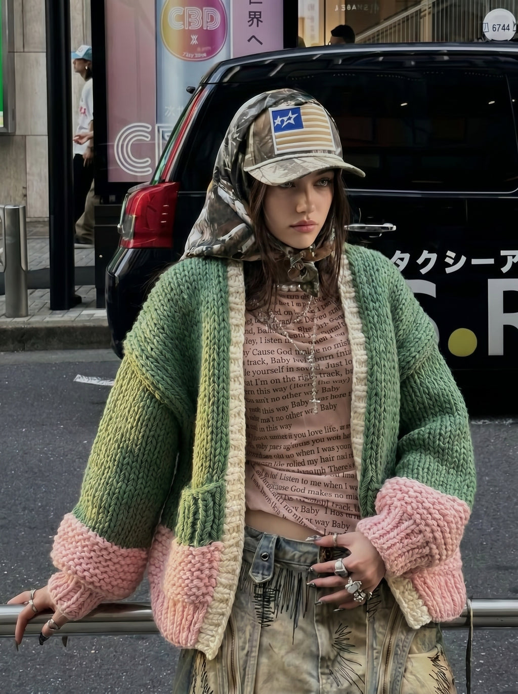Handcrafted Colour-Block Chunky Knit Cardigan — Forest Green, Pink & Oatmeal