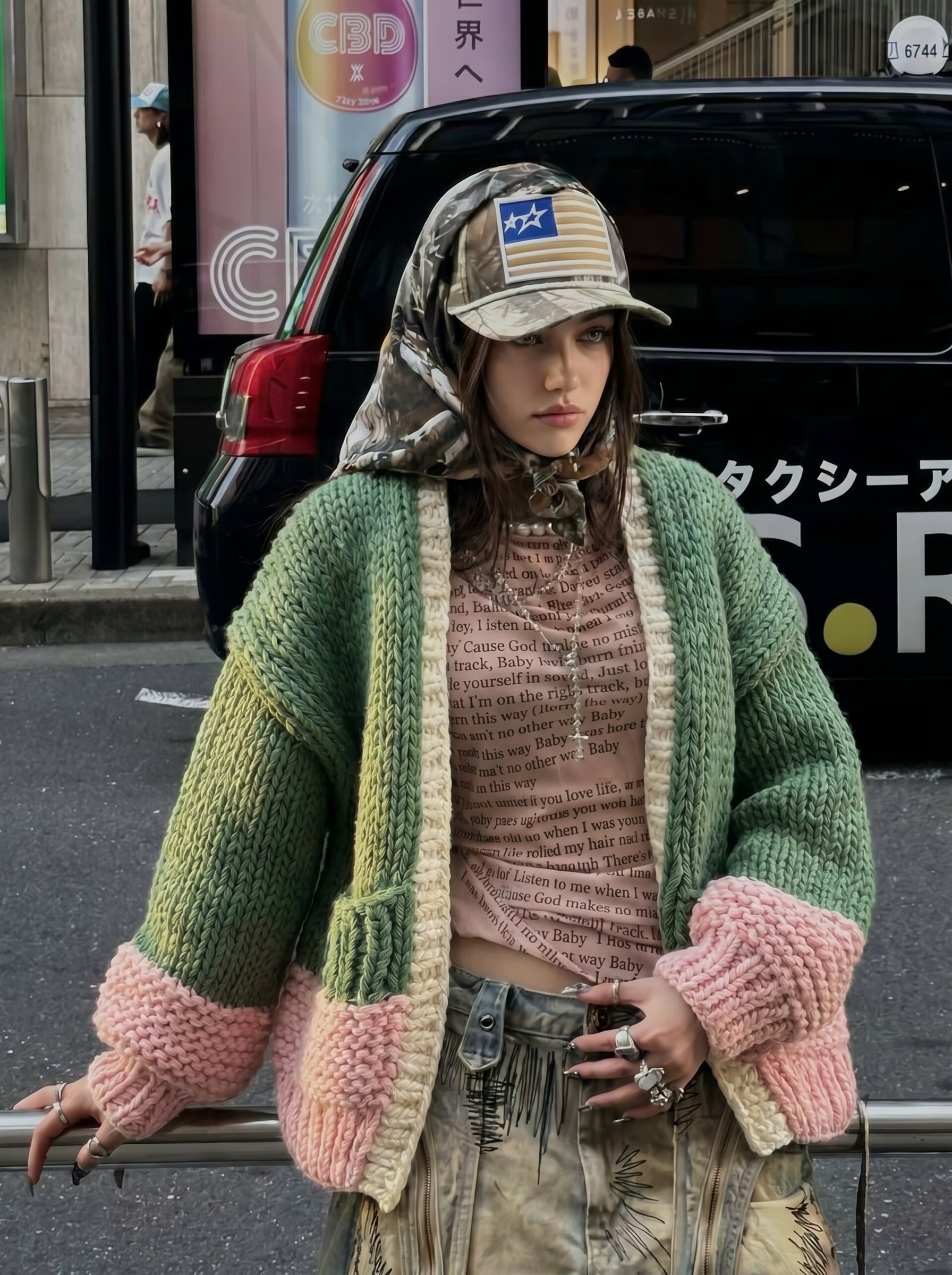 Handcrafted Colour-Block Chunky Knit Cardigan — Forest Green, Pink & Oatmeal