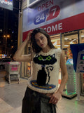 Handcrafted Ivory Black Cat Intarsia Knit Vest — Chunky Cropped
