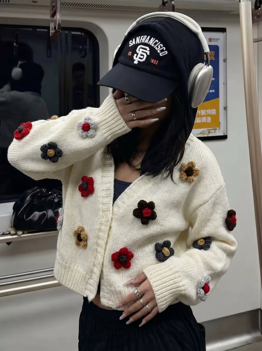 Field of Five — Hand-Knitted Floral Cardigan in Cream