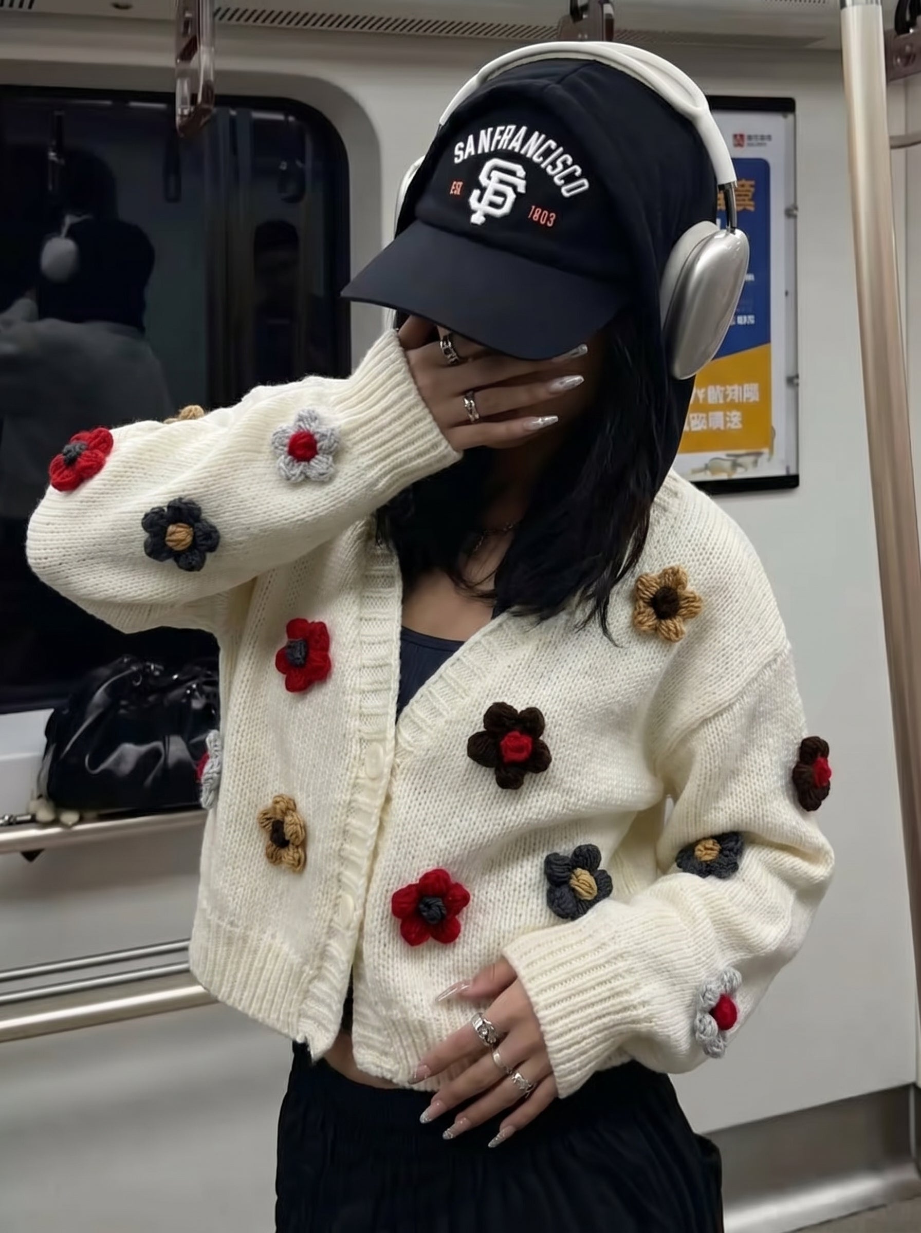 Field of Five — Hand-Knitted Floral Cardigan in Cream