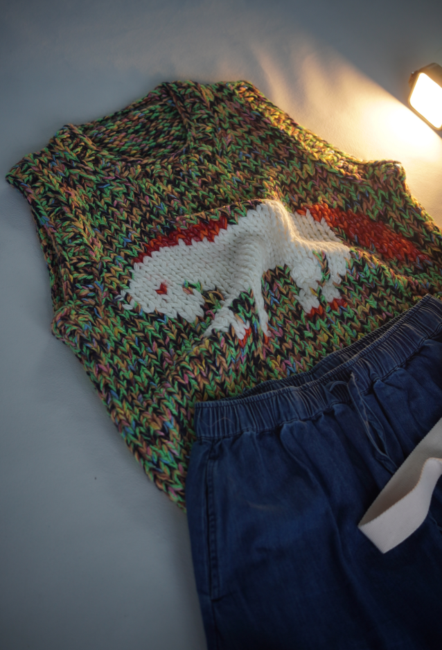 Handcrafted White Horse Intarsia Knit Vest