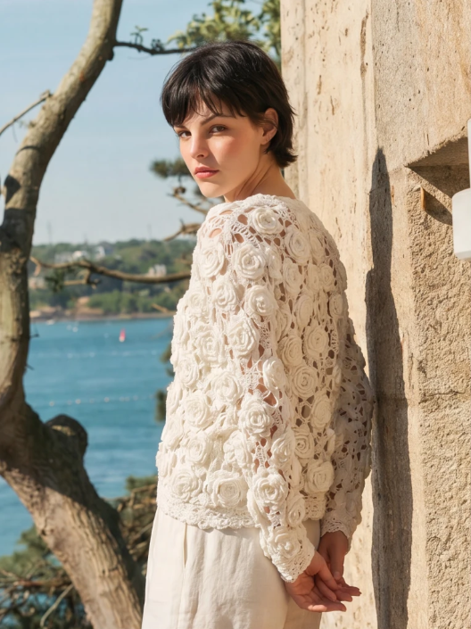 Handcrafted Ivory 3D Rose Crochet Cardigan — Full Floral Open Weave
