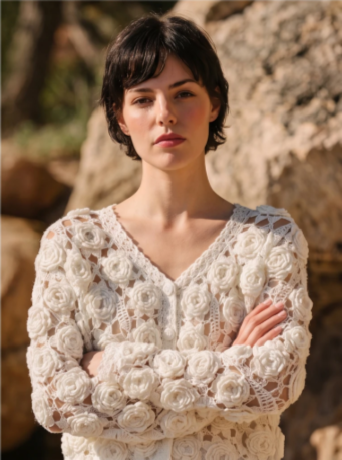 Handcrafted Ivory 3D Rose Crochet Cardigan — Full Floral Open Weave