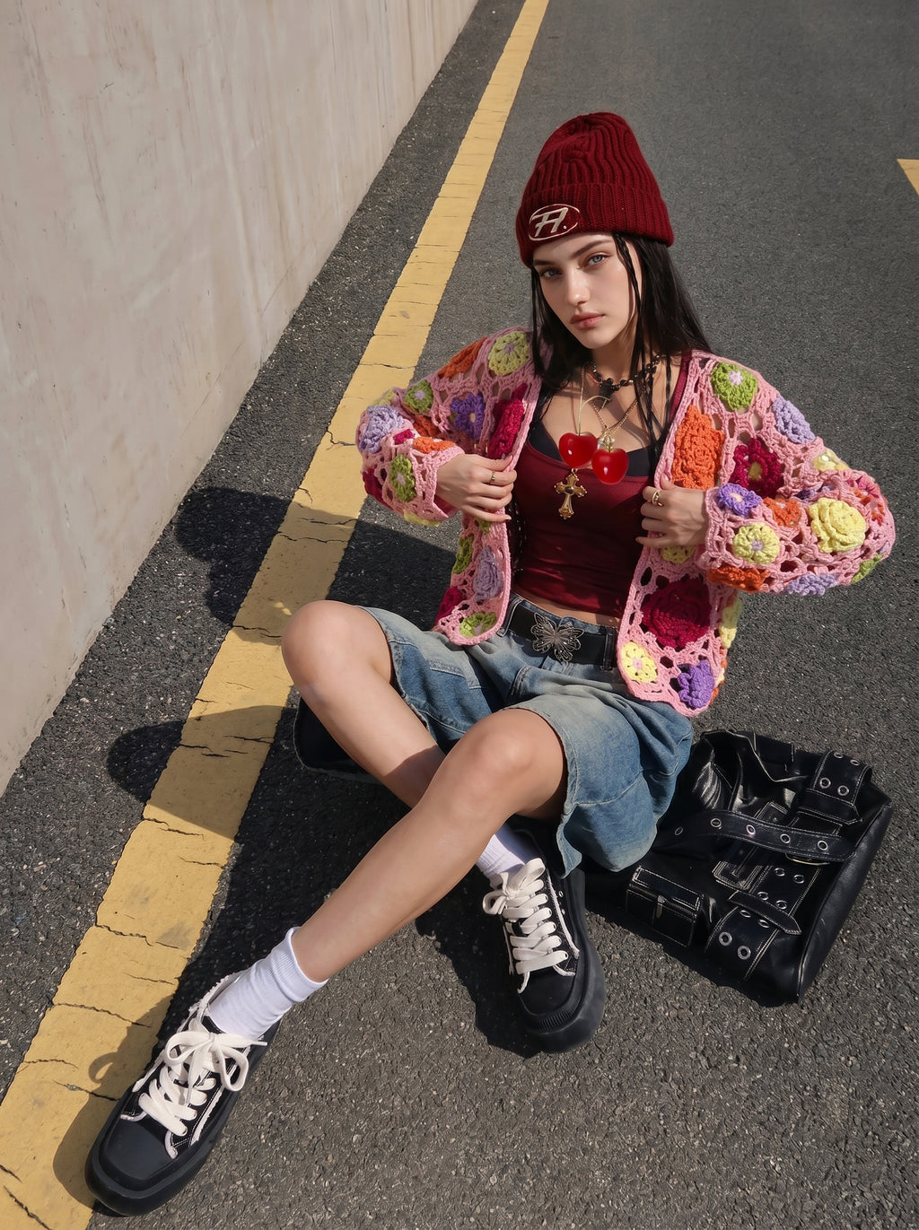 Floral Square — Hand-Crocheted Granny Square Cardigan in Pink & Multicolor