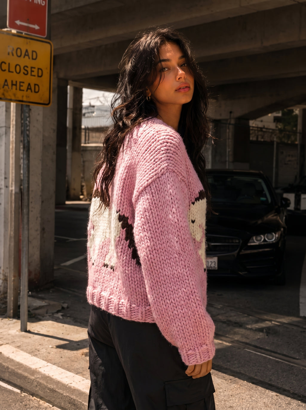 Pink Pony — Hand-Knitted Intarsia Sweater in Pink & Ivory