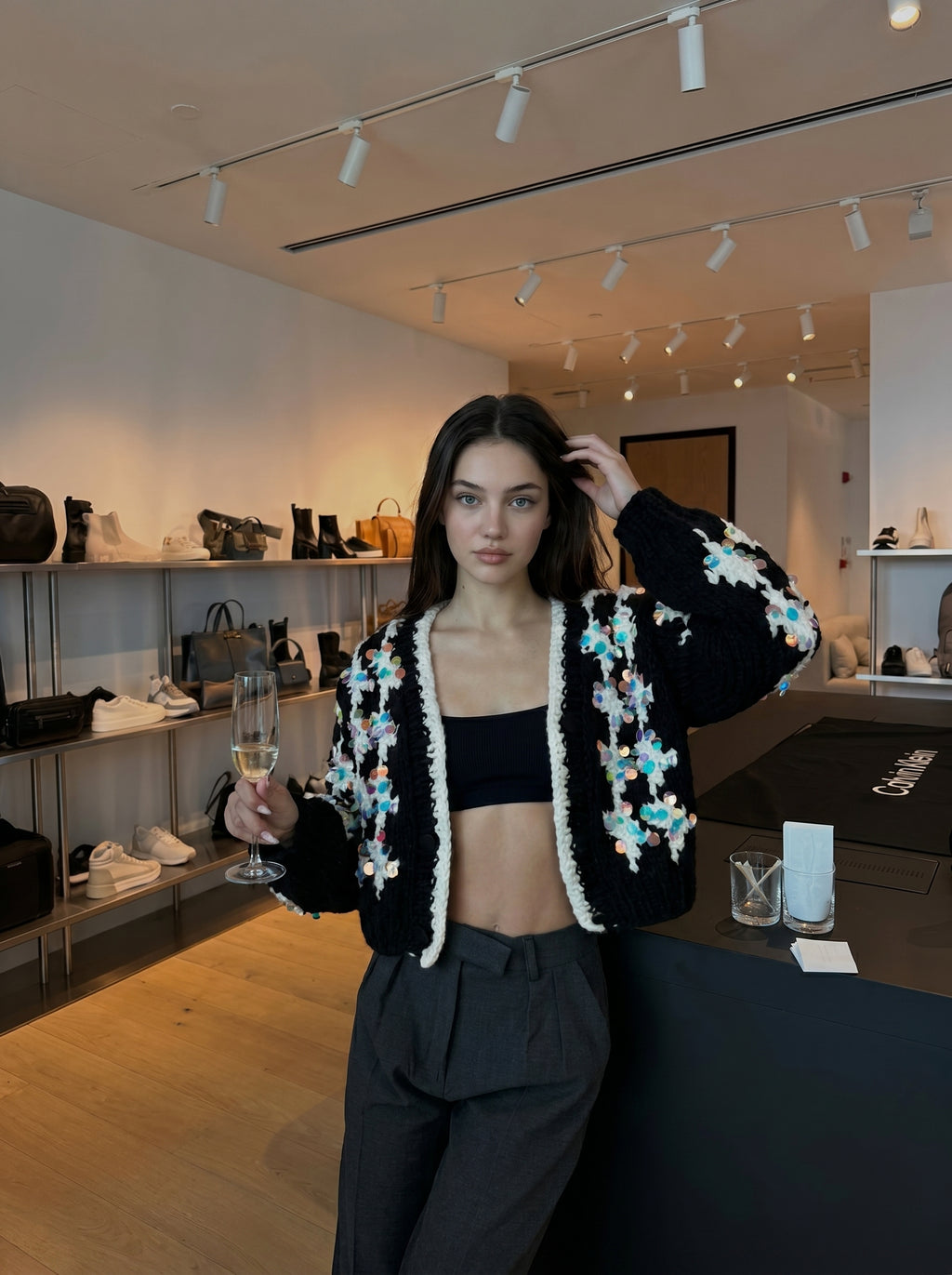 cSequin Bloom — Hand-Knitted Cardigan in Black, White & Iridescent