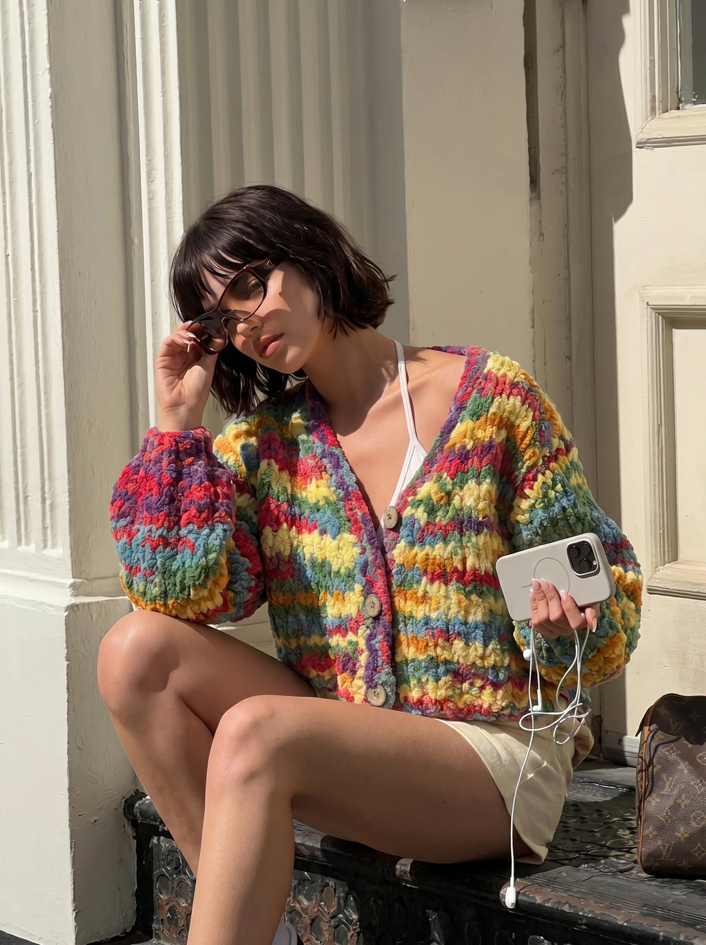 Rainbow Riot — Hand-Knitted Chevron Cardigan in Full Spectrum Multicolor