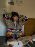 Stained Glass — Hand-Knitted Chevron Cardigan in Grey, Yellow, Teal & Multicolor