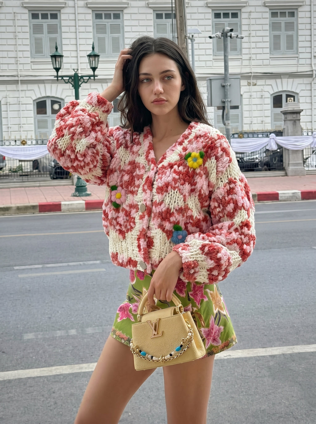 Garden Party II — Hand-Knitted Diamond Cardigan in Pink, Ivory & 3D Flowers