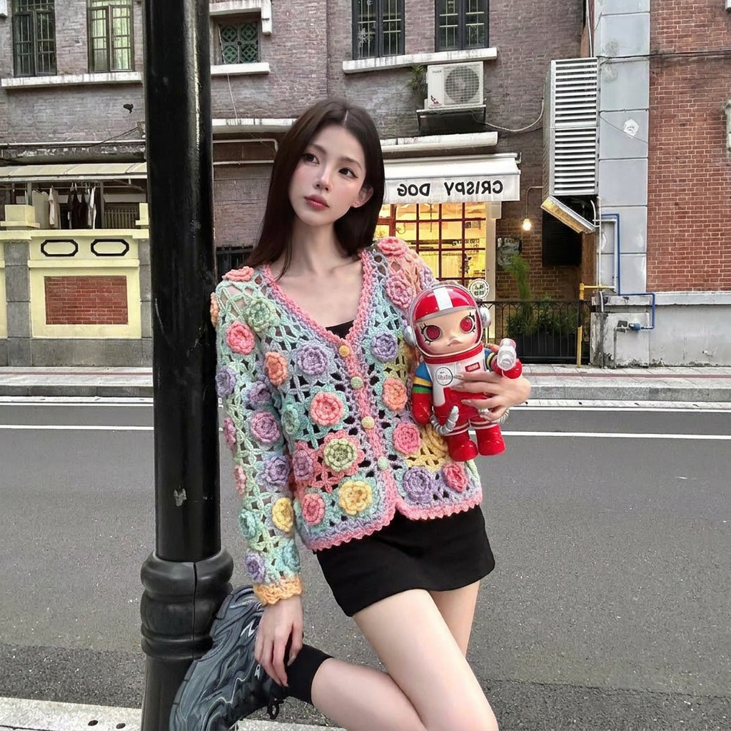 Pastel Greenhouse — Hand-Crocheted Floral Granny Square Cardigan in Sorbet Palette