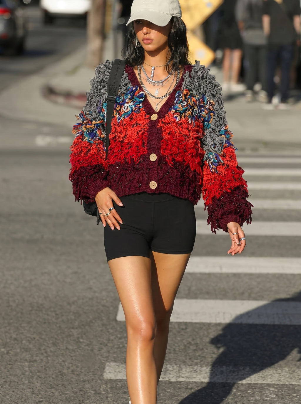 Ember Fringe — Hand-Knitted Loopy Cardigan in Grey, Red & Burgundy