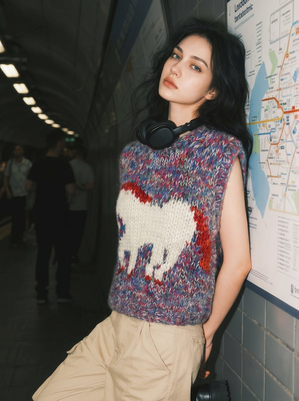 Marl & Bear — Hand-Knitted Intarsia Vest in Red, Blue & Ivory