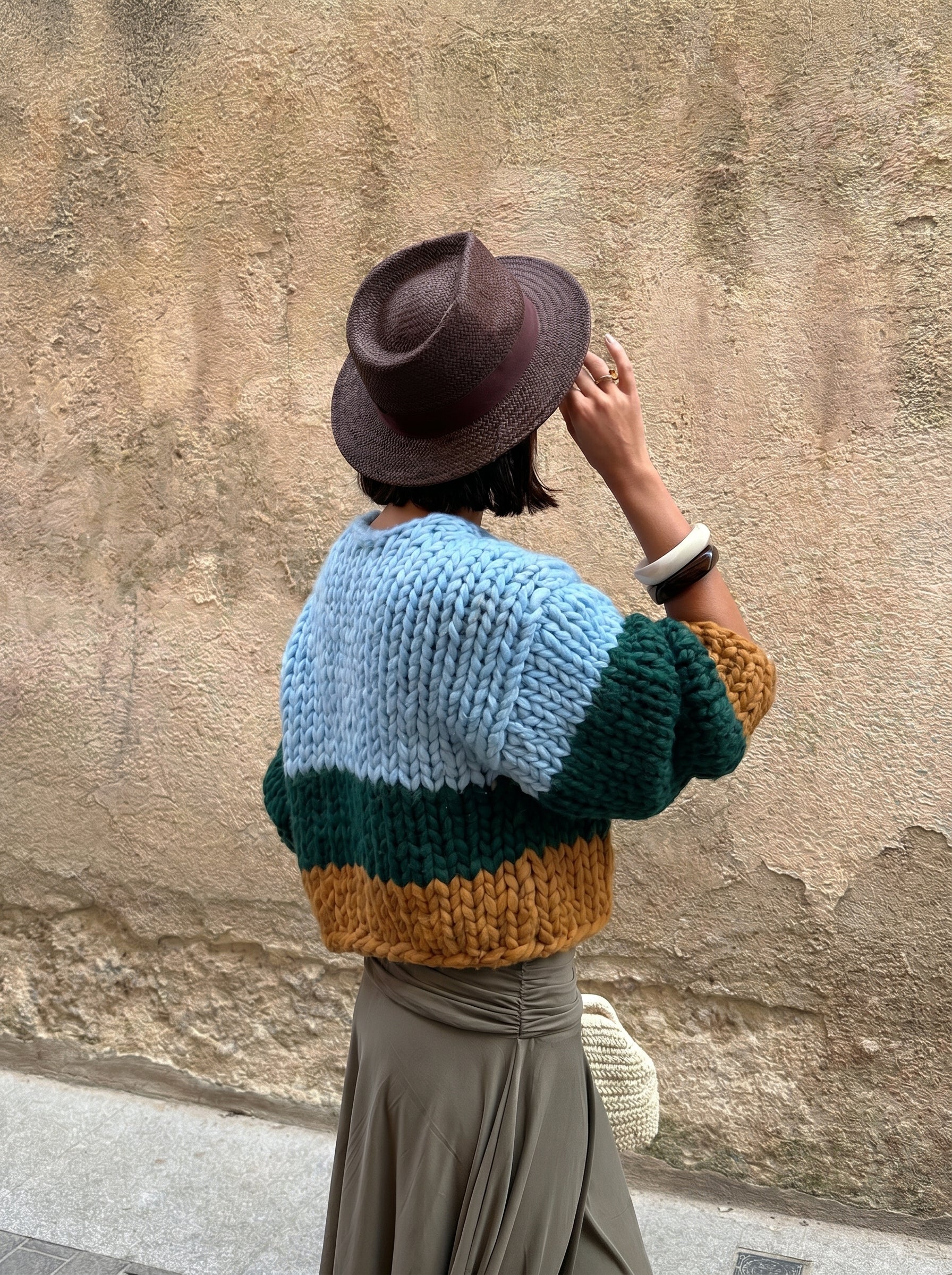 Colour Block No.1 — Hand-Knitted Cardigan in Sky Blue, Forest Green & Mustard