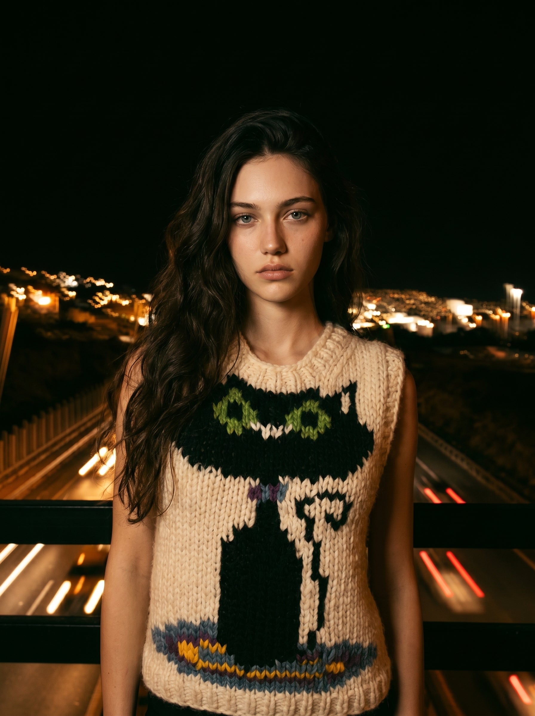 Handcrafted Ivory Black Cat Intarsia Knit Vest — Chunky Cropped