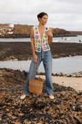 Handcrafted Ivory Granny Square Crochet Vest — Multicolor Floral