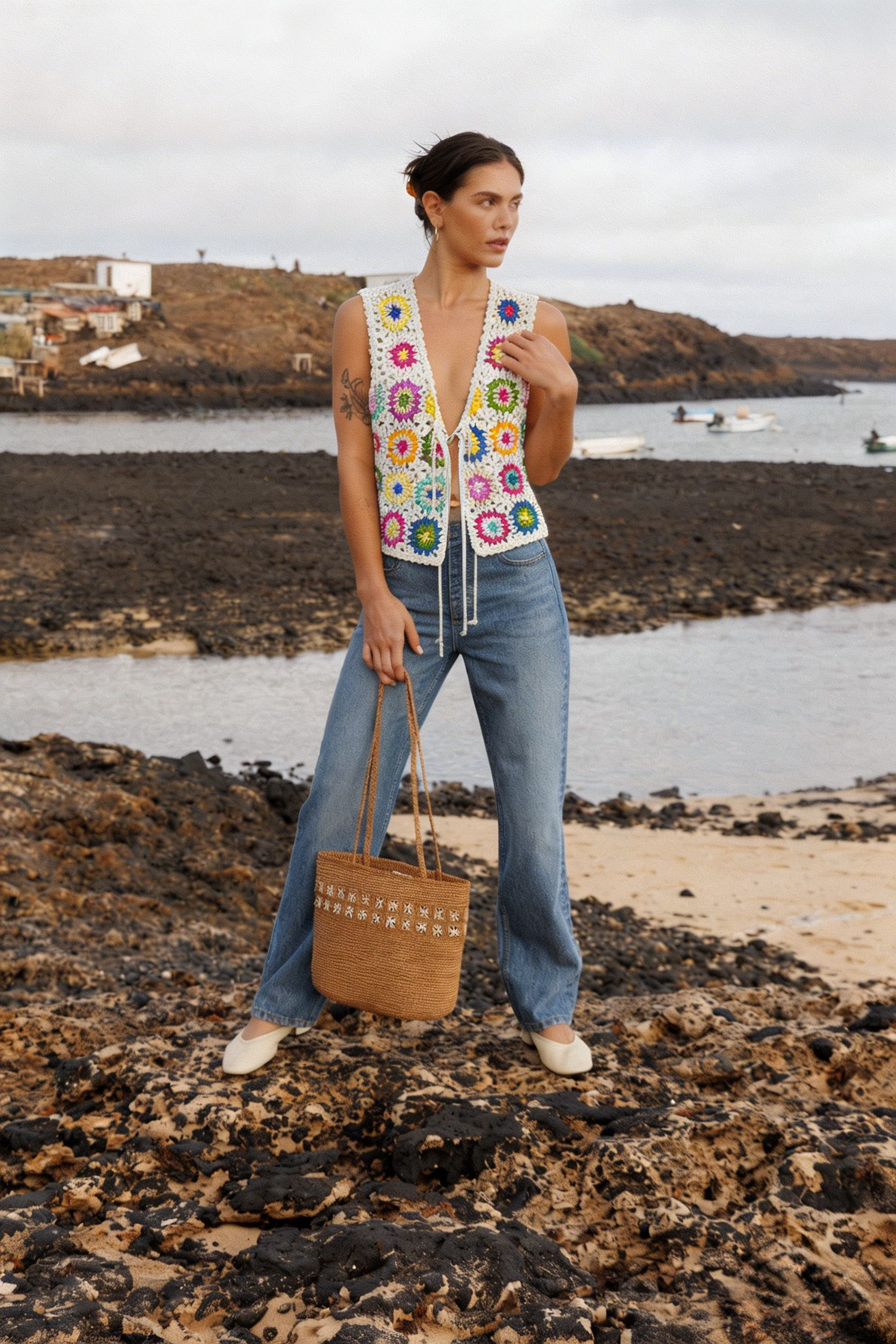 Handcrafted Ivory Granny Square Crochet Vest — Multicolor Floral