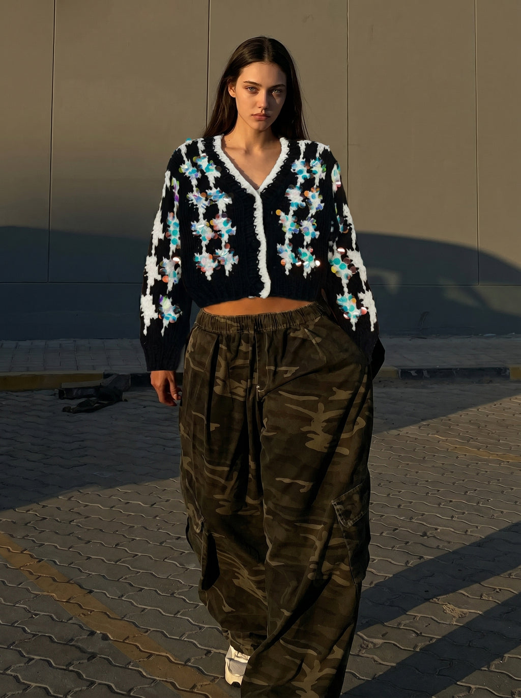 cSequin Bloom — Hand-Knitted Cardigan in Black, White & Iridescent
