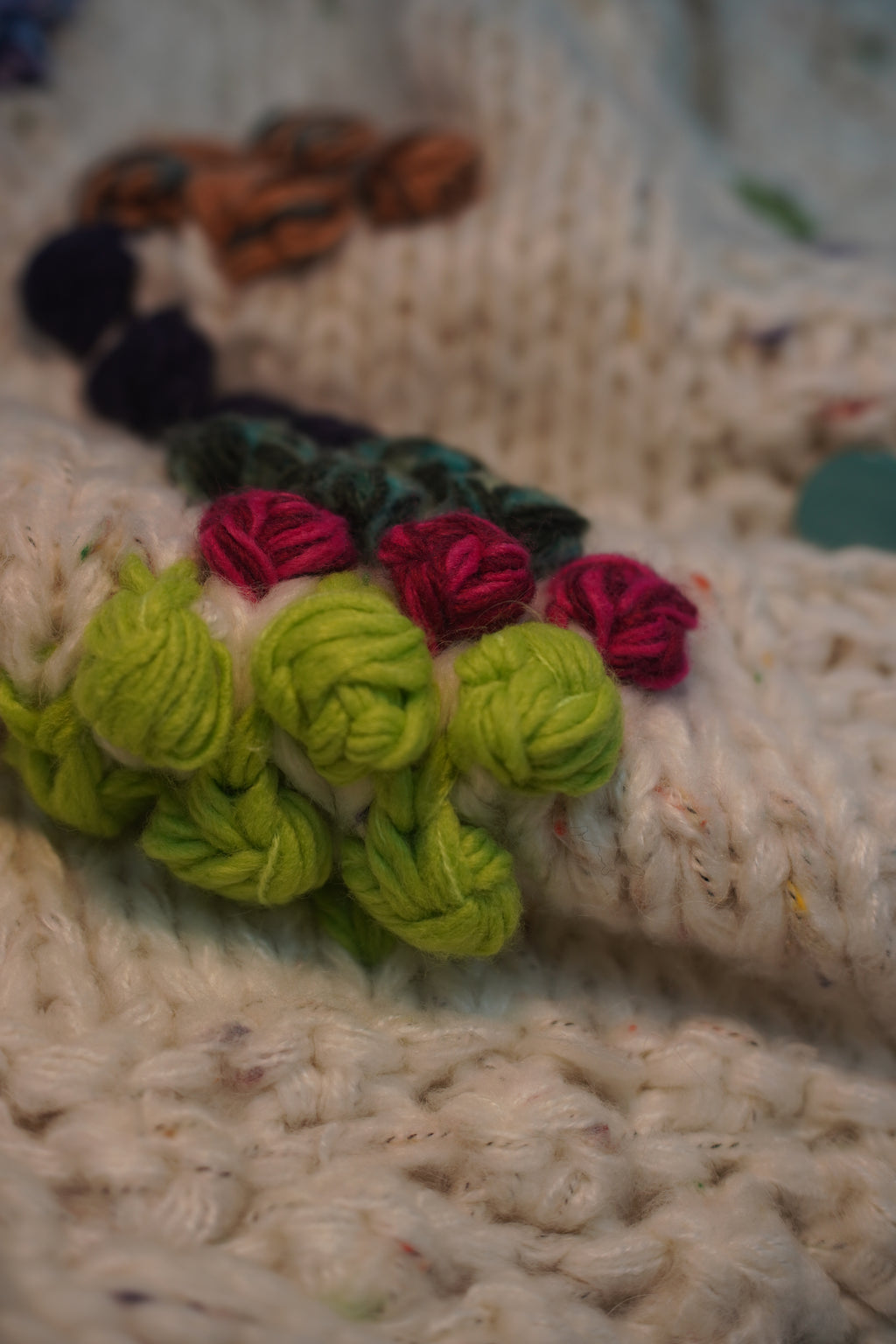 Handcrafted Ivory Chunky Knit Vest — Yarn Bobble Trim & Mismatched Button Detail