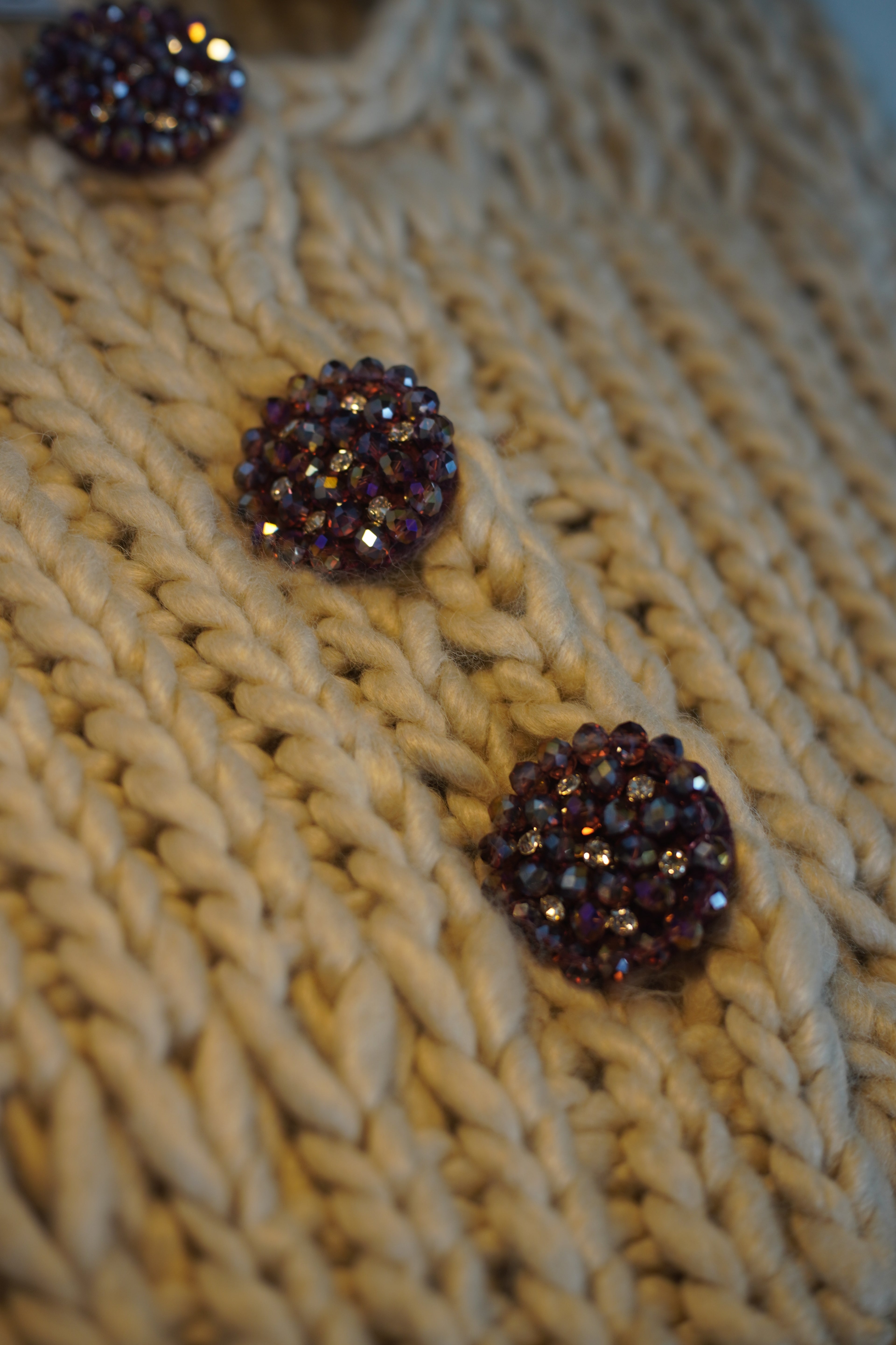 Handcrafted Oatmeal Chunky Knit Vest — Crystal Rhinestone Button Detail