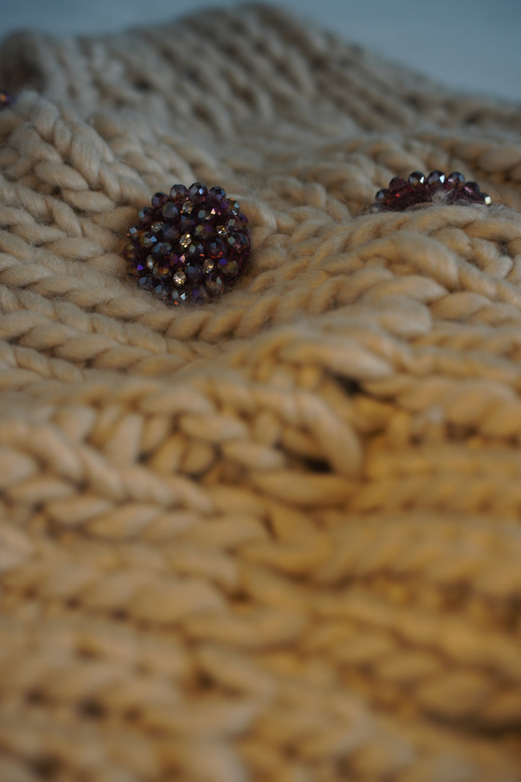 Handcrafted Oatmeal Chunky Knit Vest — Crystal Rhinestone Button Detail