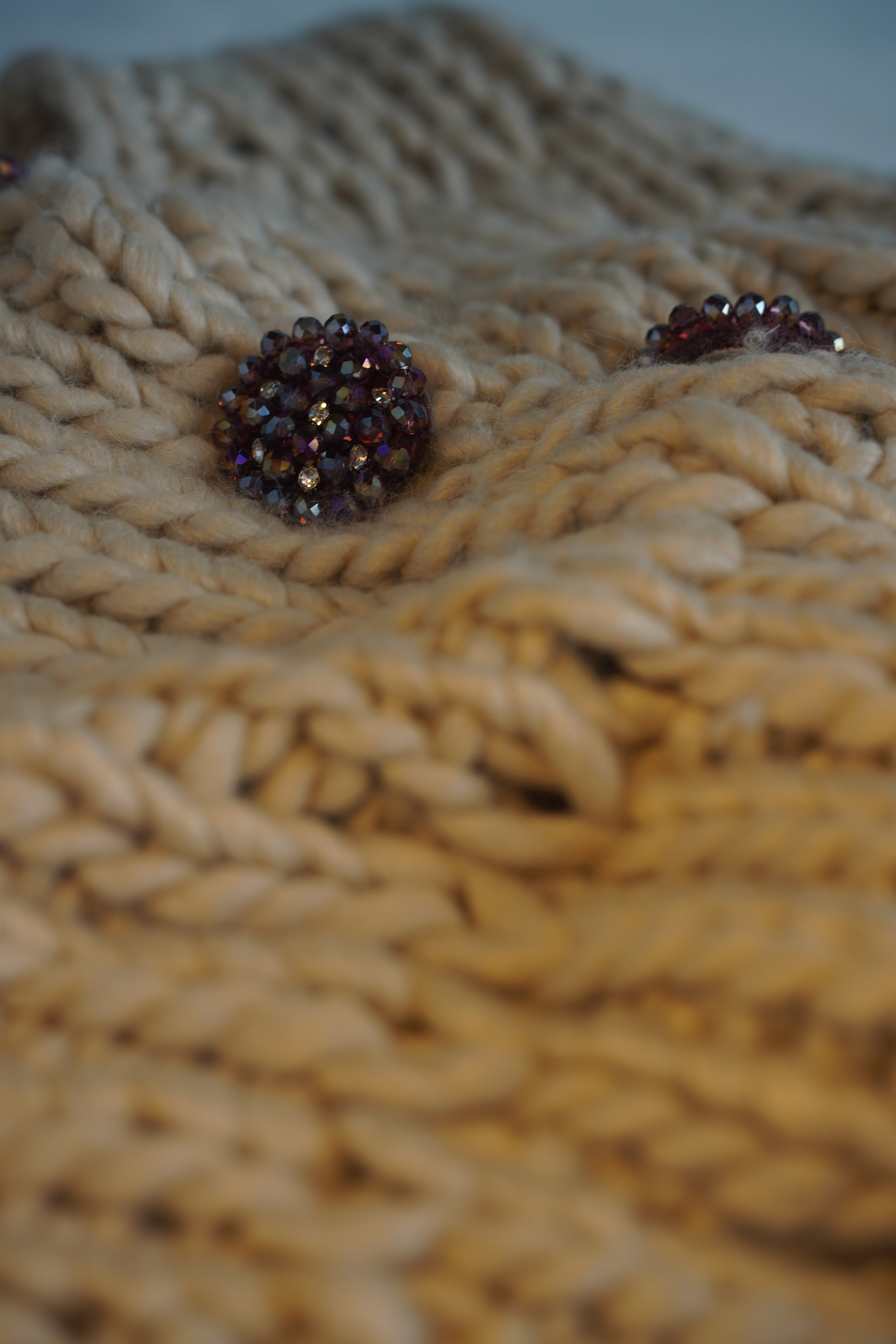 Handcrafted Oatmeal Chunky Knit Vest — Crystal Rhinestone Button Detail