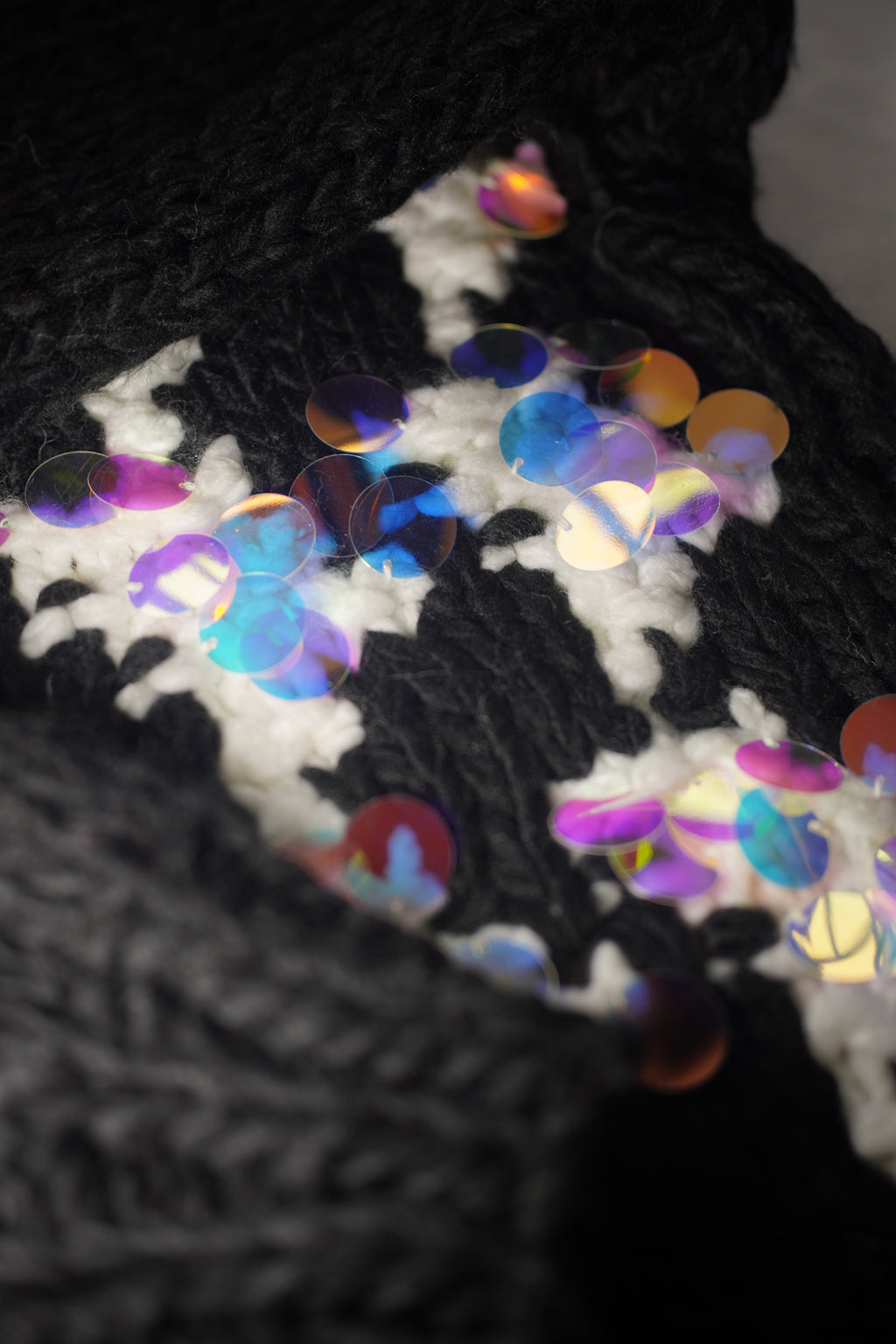 cSequin Bloom — Hand-Knitted Cardigan in Black, White & Iridescent