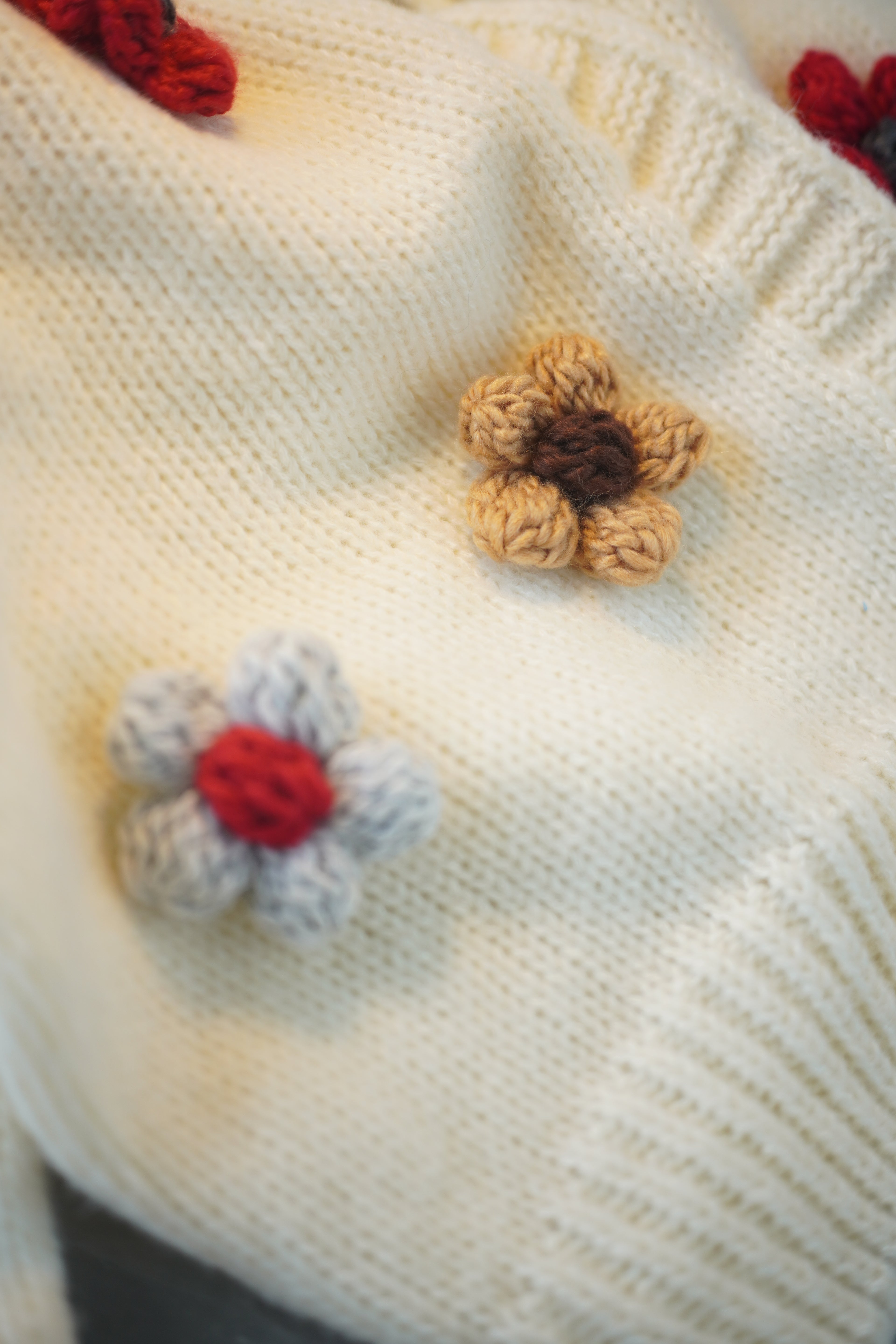 Field of Five — Hand-Knitted Floral Cardigan in Cream