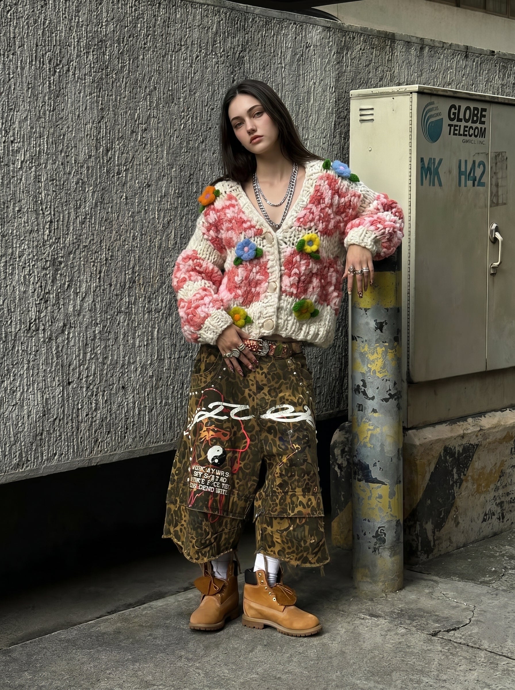Garden Party III — Hand-Knitted Diamond Cardigan in Pink, Ivory & 3D Flowers