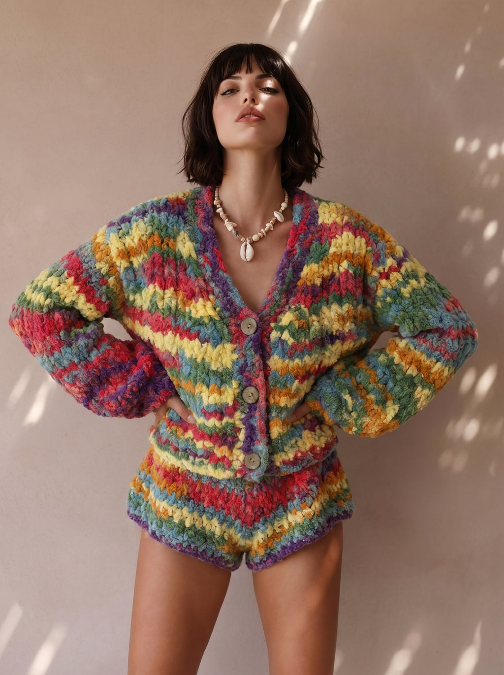 Rainbow Riot — Hand-Knitted Chevron Cardigan in Full Spectrum Multicolor
