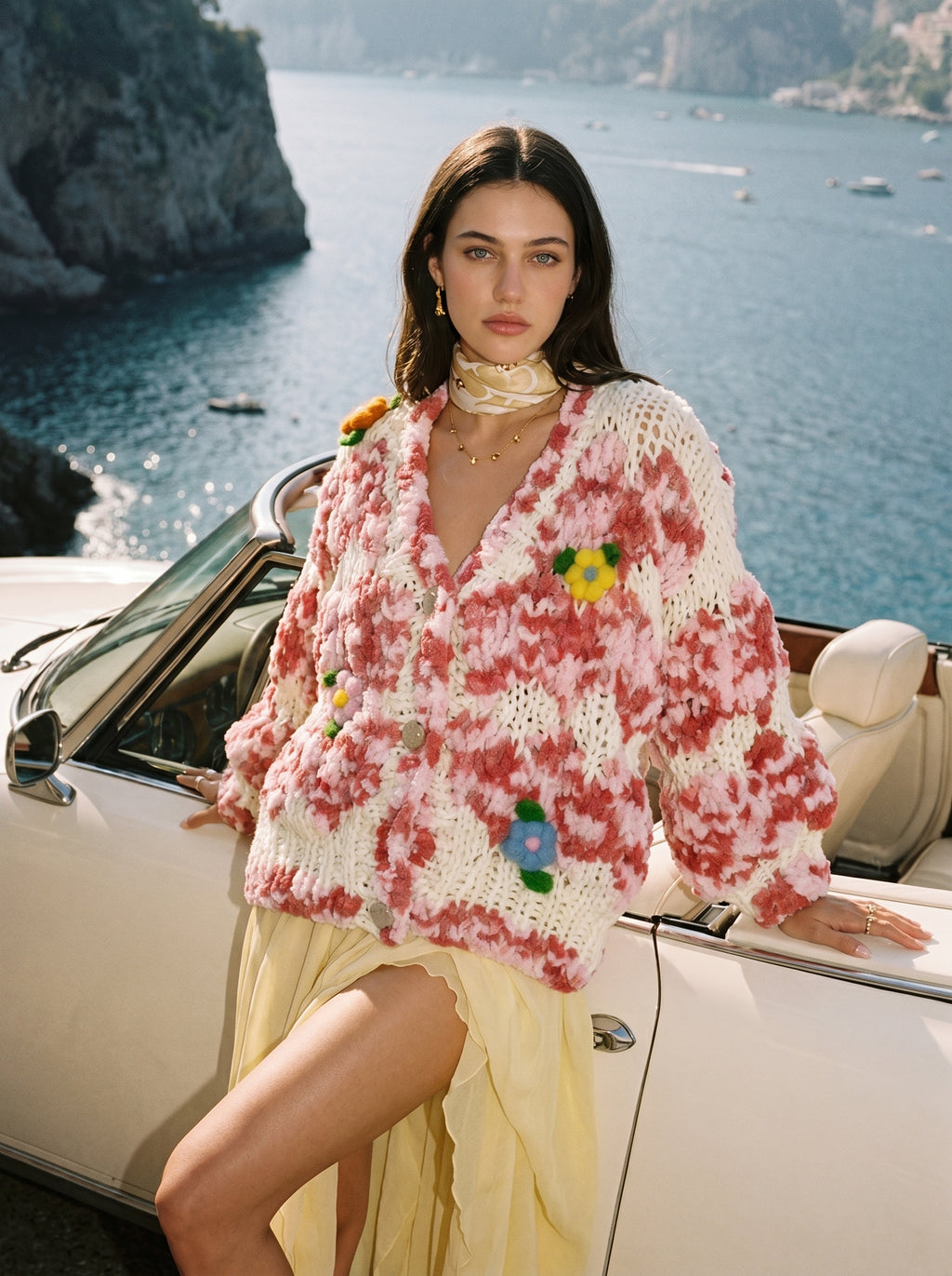 Garden Party II — Hand-Knitted Diamond Cardigan in Pink, Ivory & 3D Flowers