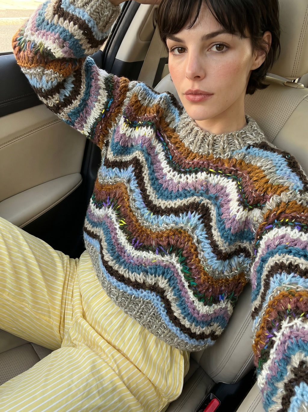Dusk Waves — Hand-Knitted Chevron Sweater in Grey, Blue, Lavender & Amber