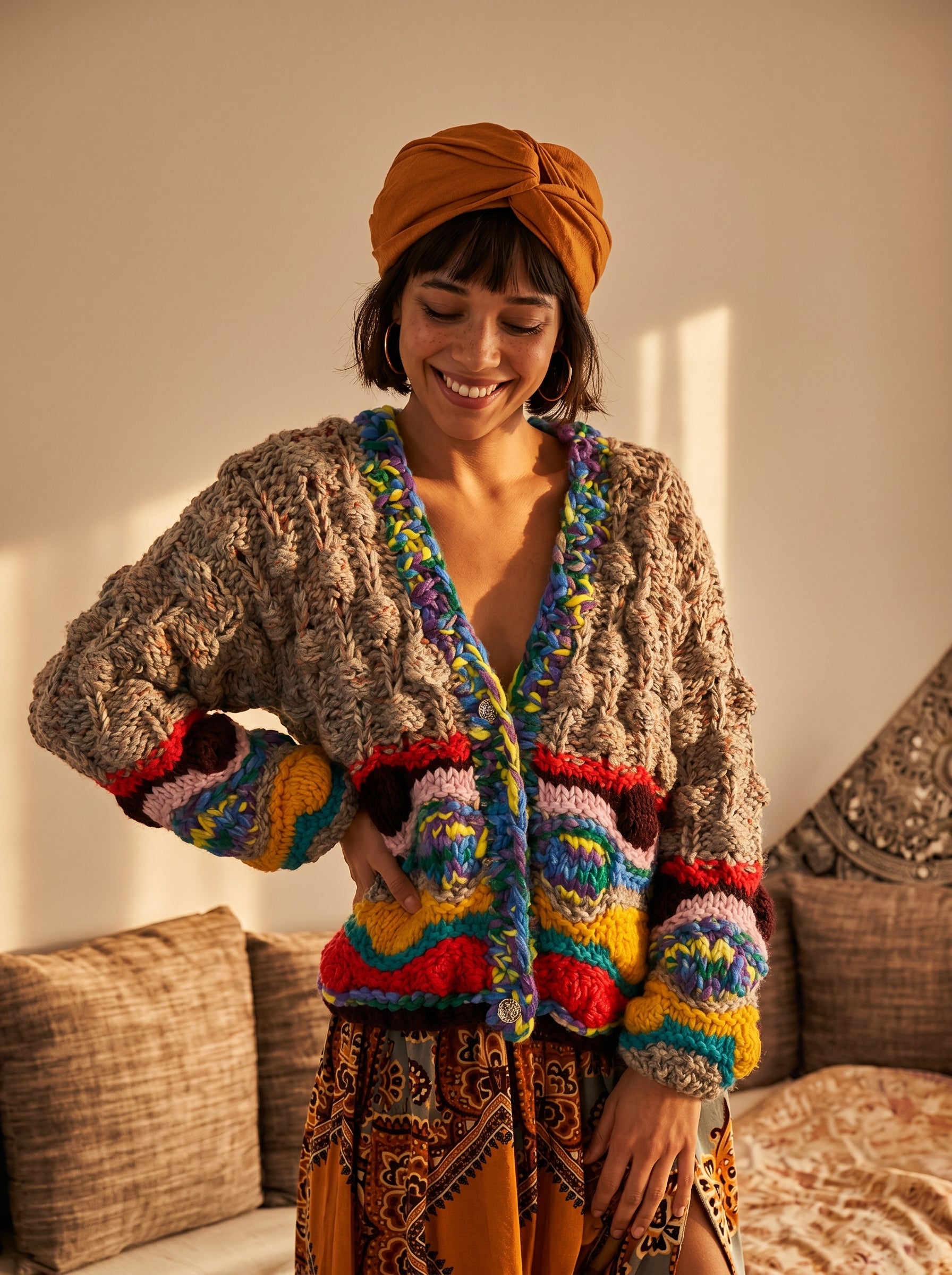 Stained Glass — Hand-Knitted Chevron Cardigan in Grey, Yellow, Teal & Multicolor