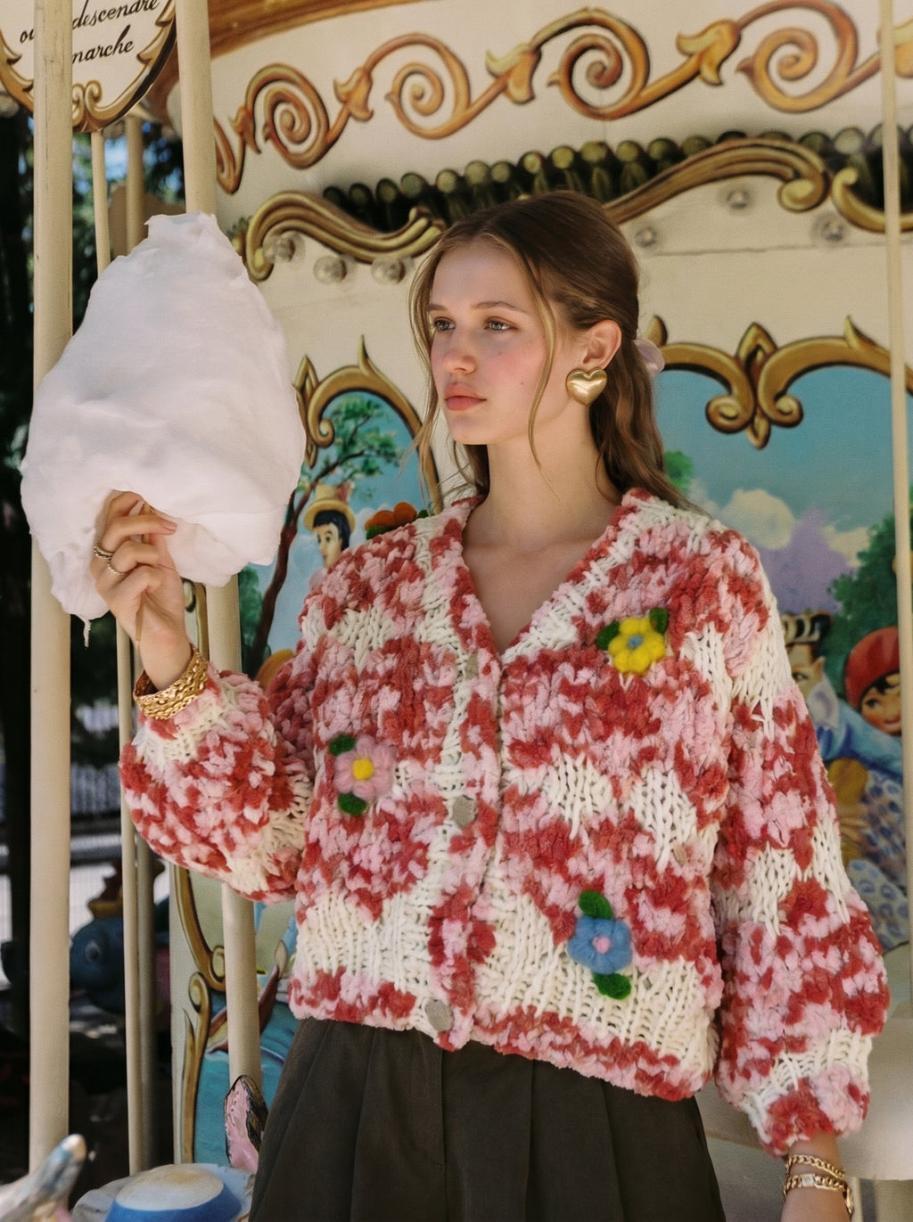 Garden Party II — Hand-Knitted Diamond Cardigan in Pink, Ivory & 3D Flowers