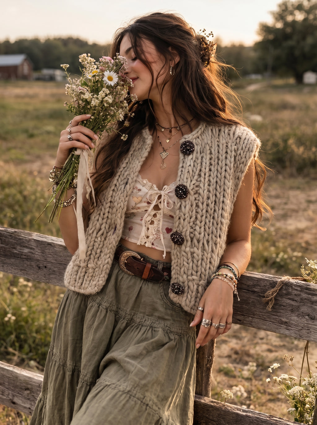 Handcrafted Oatmeal Chunky Knit Vest — Crystal Rhinestone Button Detail