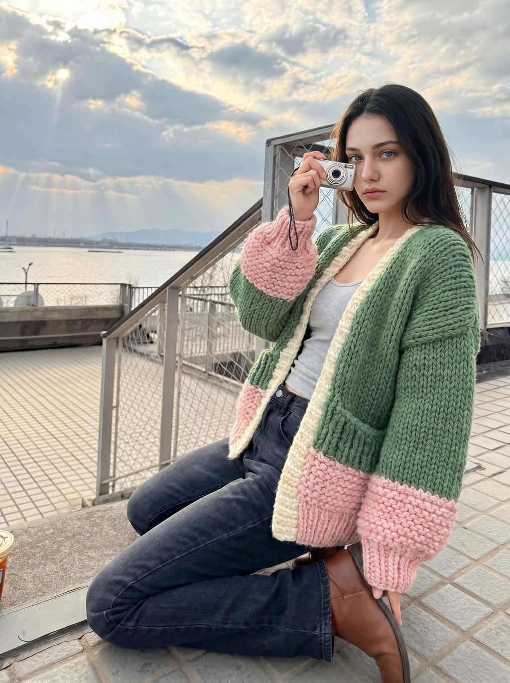 Handcrafted Colour-Block Chunky Knit Cardigan — Forest Green, Pink & Oatmeal