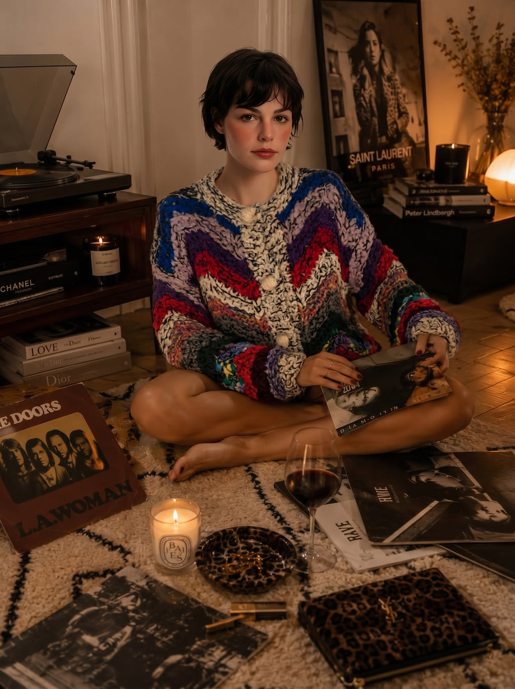 Handcrafted Chevron Stripe Chunky Knit Cardigan — Multicolor