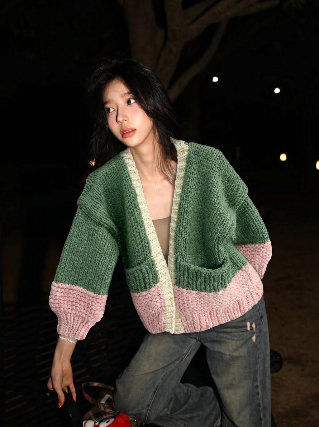 Handcrafted Colour-Block Chunky Knit Cardigan — Forest Green, Pink & Oatmeal