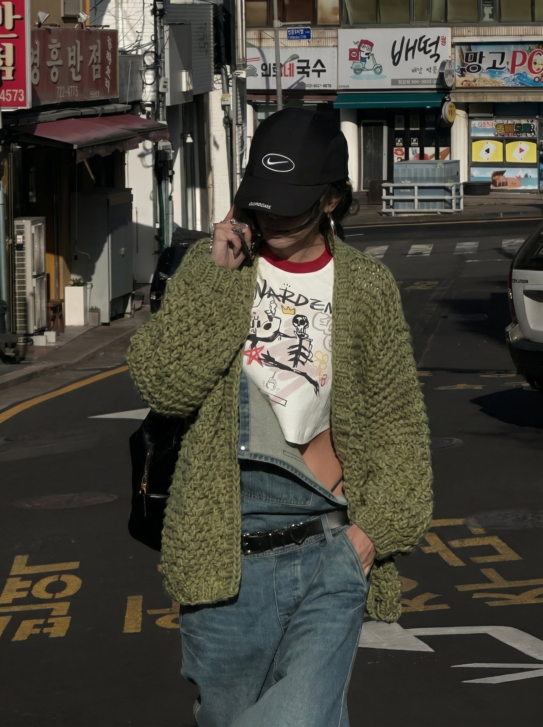 Sage Hour — Hand-Knitted Open Cardigan in Moss Green