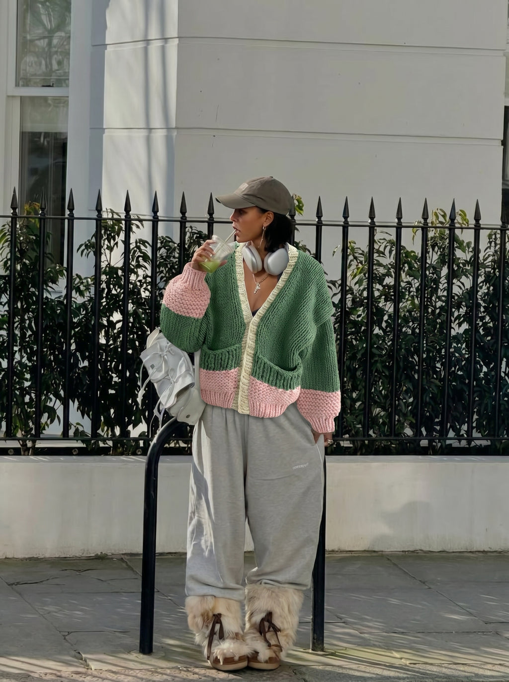 Handcrafted Colour-Block Chunky Knit Cardigan — Forest Green, Pink & Oatmeal