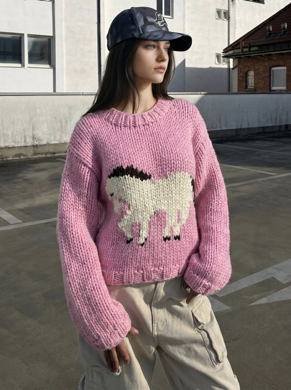 Pink Pony — Hand-Knitted Intarsia Sweater in Pink & Ivory