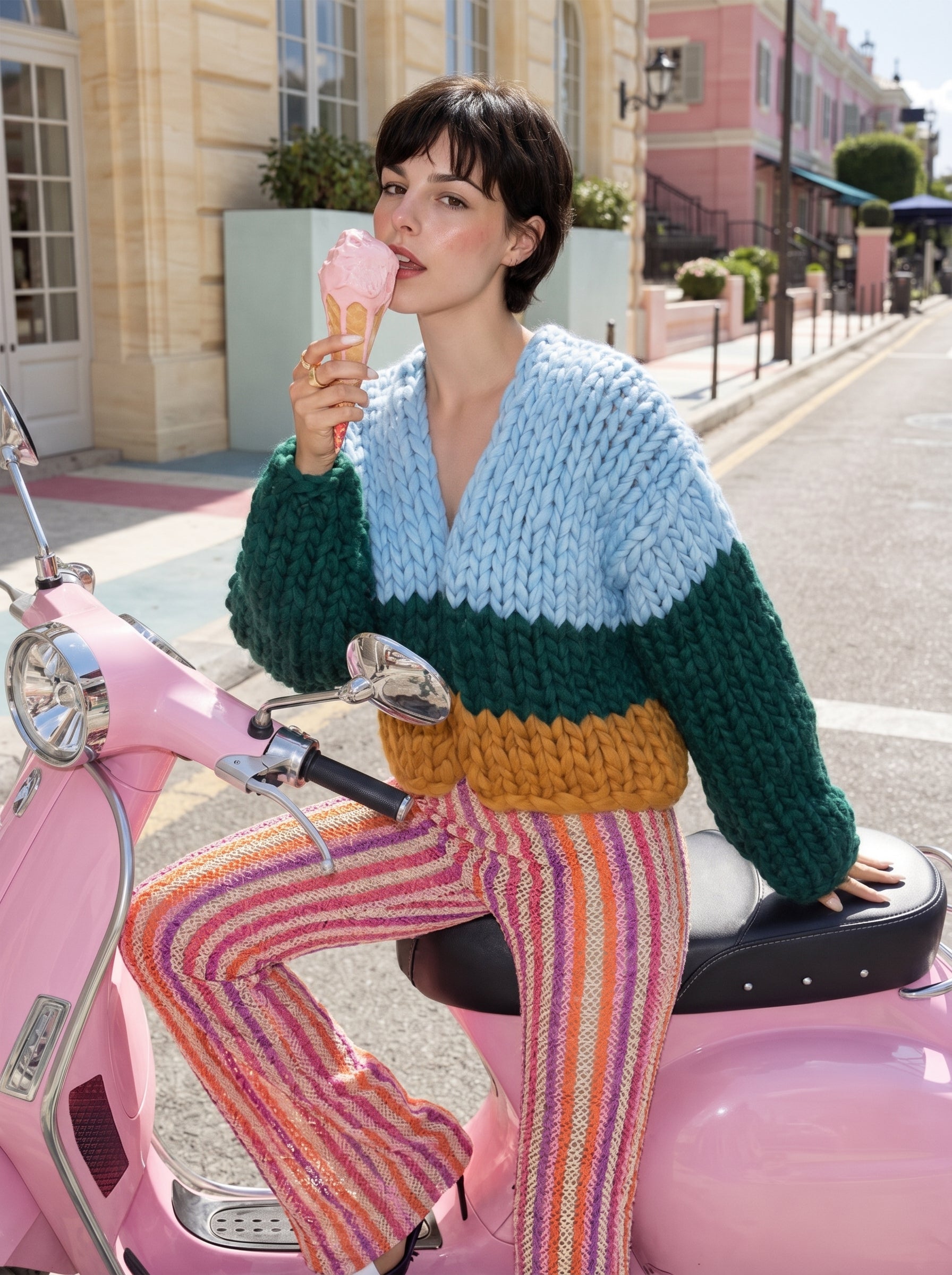 Colour Block No.1 — Hand-Knitted Cardigan in Sky Blue, Forest Green & Mustard