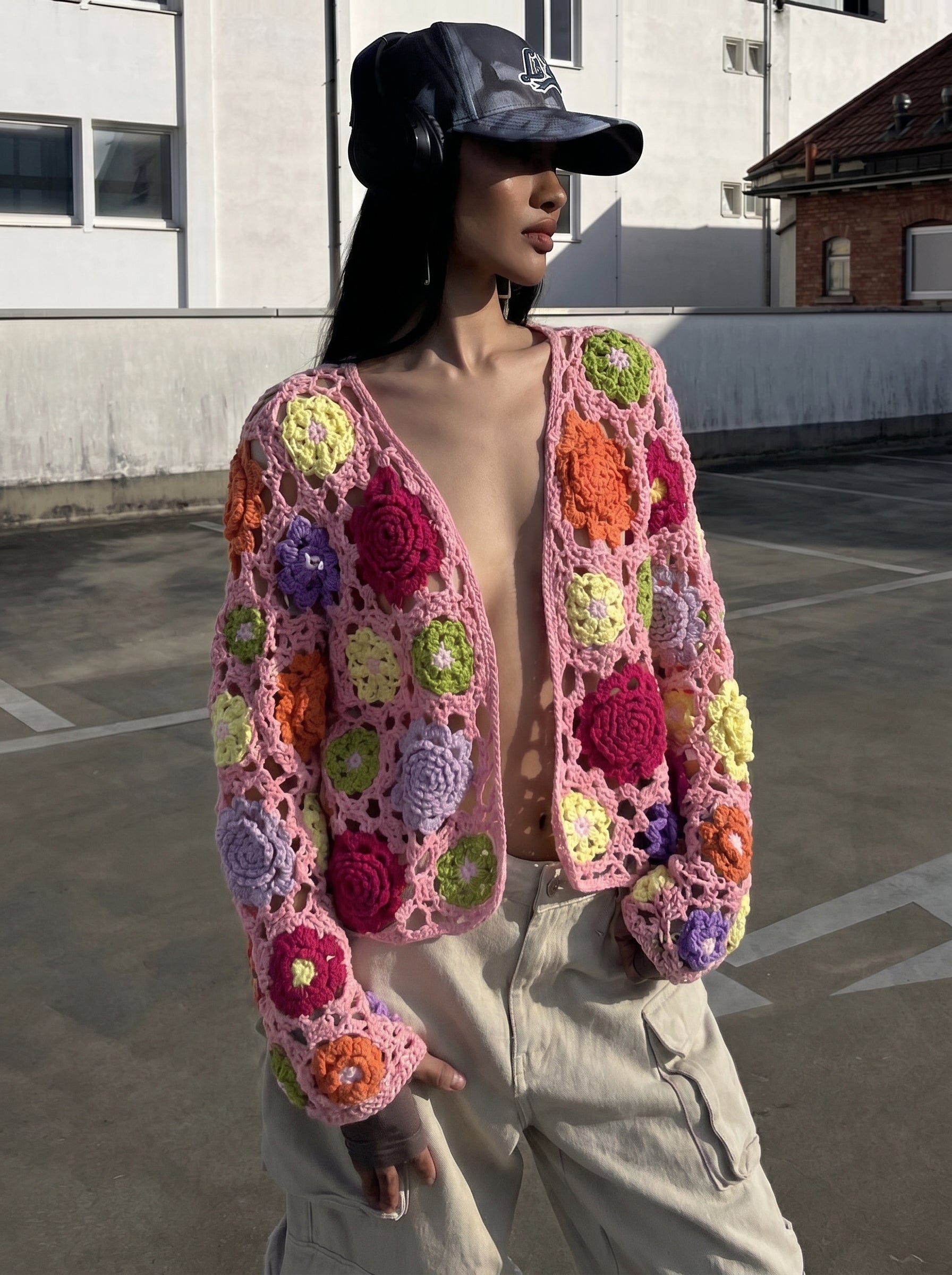 Floral Square — Hand-Crocheted Granny Square Cardigan in Pink & Multicolor
